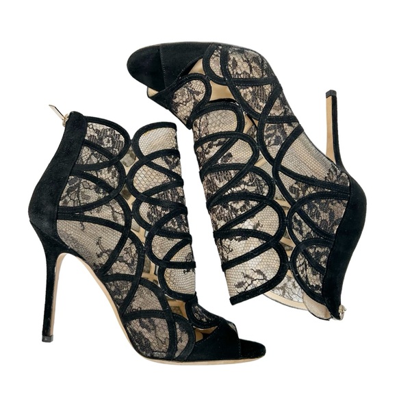 JIMMY CHOO Fauna Lace Suede Cage Heeled Sandal in Black - Picture 7 of 12